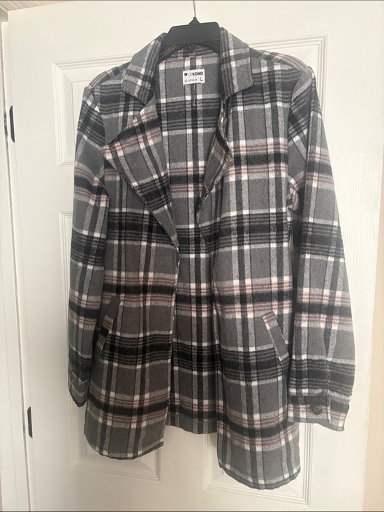 Cisono Outwear Jackets & Blazers - Gray Plaid Pea Coat with Pink Stripe